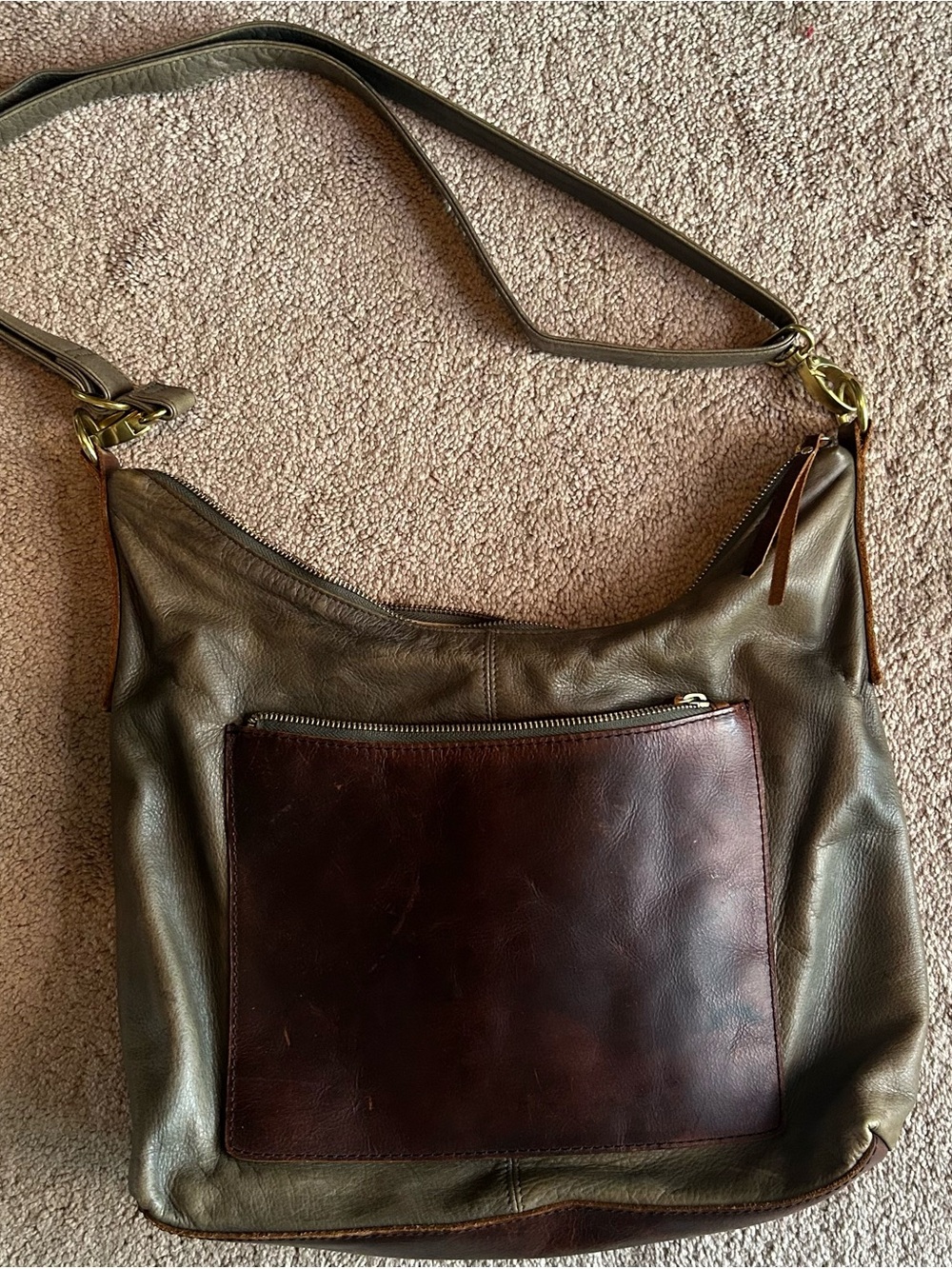 Osgoode Marley Leather Shoulder Bag in Olive Green with Dark Brown Front Pocket